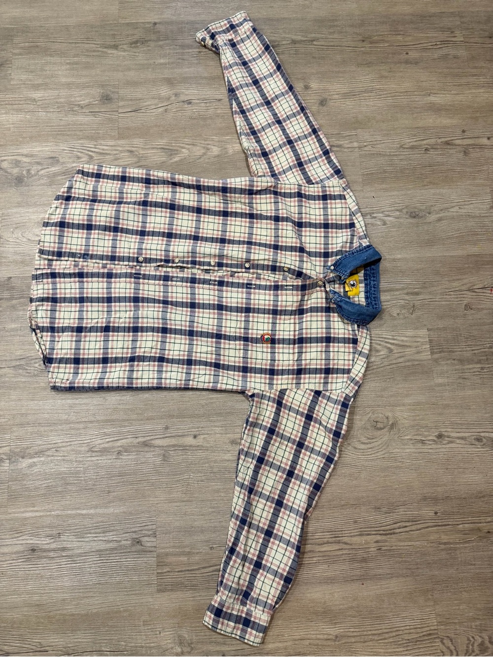 Vintage Button-Down Plaid Shirt with Denim Collar - Cream, Navy, Red